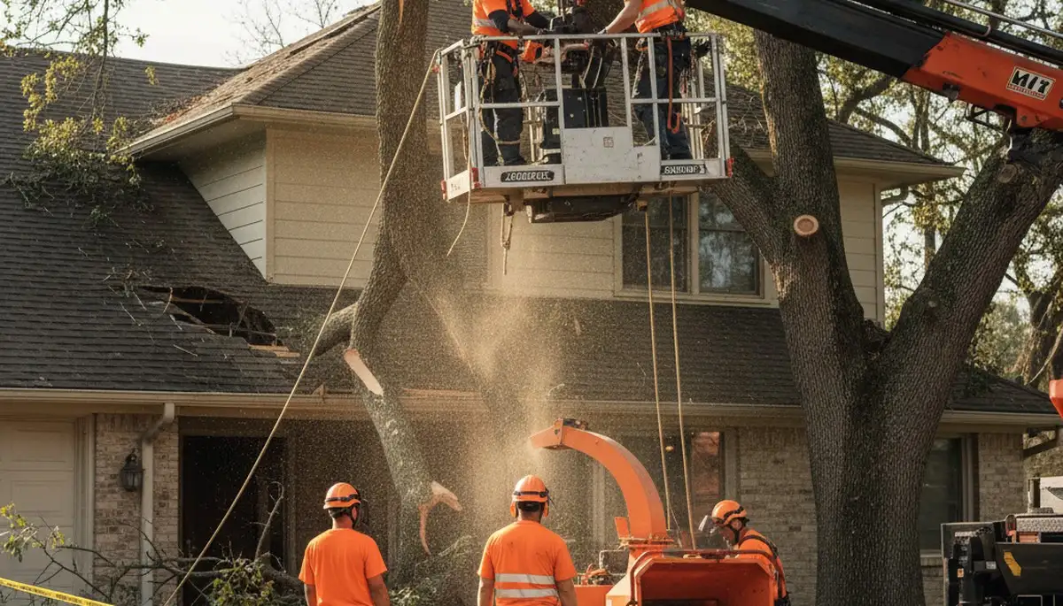 Bradenton, FL tree service crew removing storm-damaged trees during an emergency response