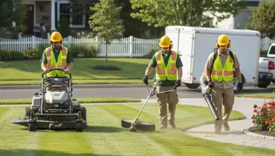Bradenton, FL tree service crew providing lawn care and landscape maintenance for local properties