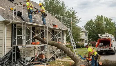 Bradenton, FL tree service crew clearing storm damage and removing hazardous branches from a property