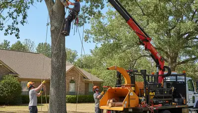 Bradenton, FL tree removal crew safely cutting down a hazardous tree after storm damage