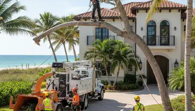 Bradenton, FL tree service crew trimming trees for a residential property