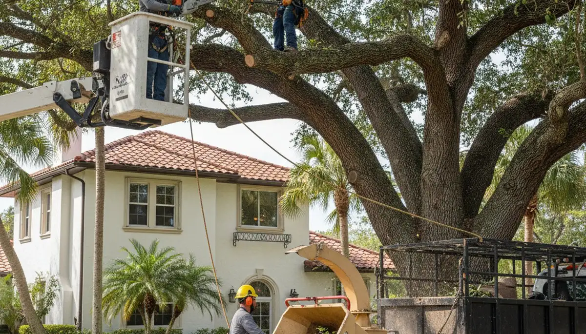 Tree service crew trimming a palm tree in Bradenton, FL
